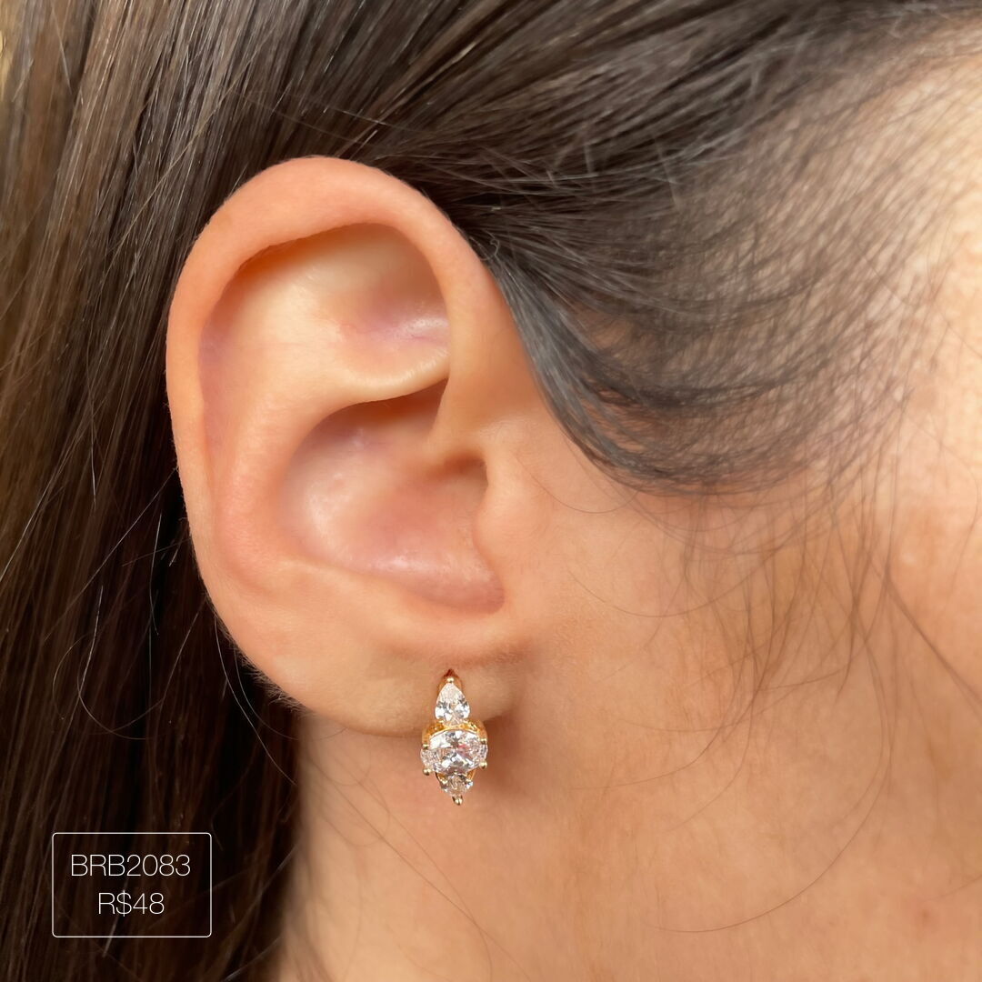 Brinco Argola c/ 2 Gotas e 1 Oval Cristal Dourado